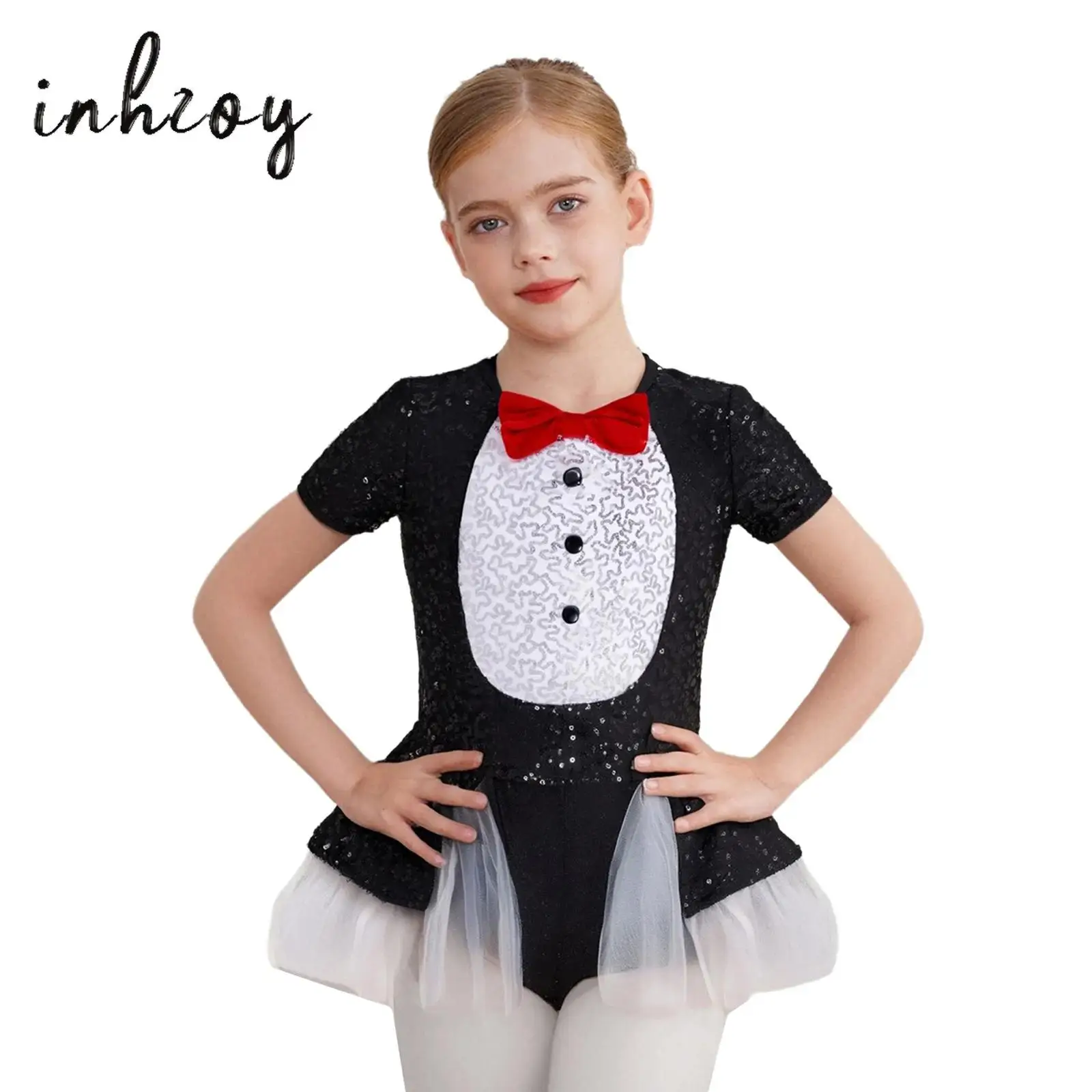 キッズガールズバレエドレスペンギンコスチュームスパンコールカラーコントラスト半袖蝶ネクタイボタンパフィーメッシュスカート内蔵ショーツ付き