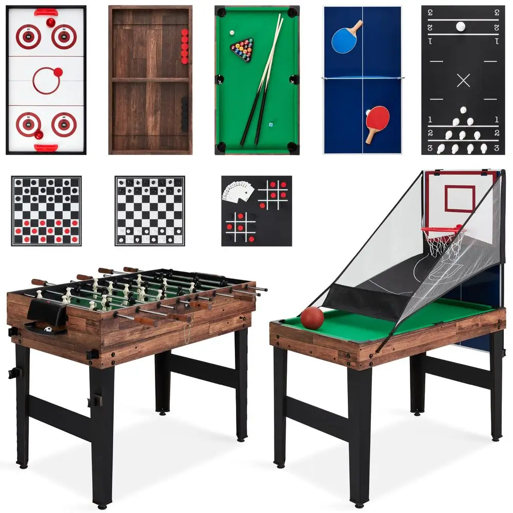 

Combo Game Table Set for Home, Game Room, Friends amp Family w Ping Pong, Foosball, Basketball, Air Hockey, Archery, Chess, Che