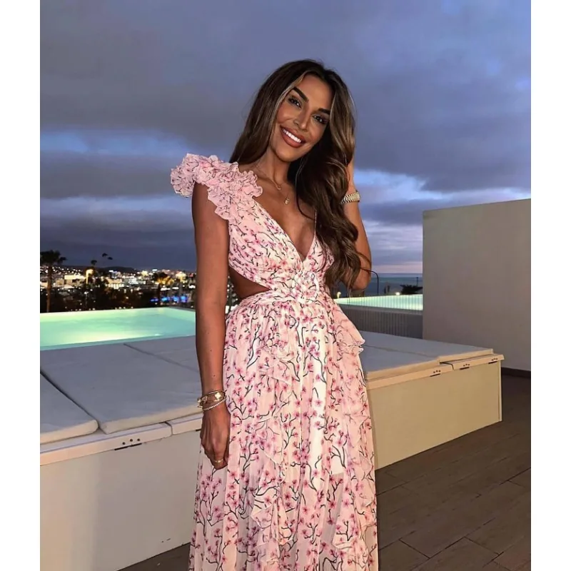 

2024 Summer Elegant Flower Printed Vacation Long Dress Women Sexy V Neck Backless Hollow Out Ruffles Slim Beachwear Street Robe