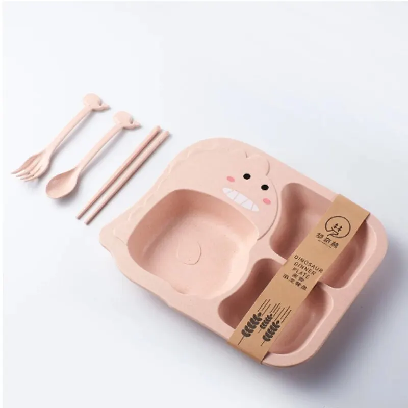 A Baby Cutlery Set For Children\'s Household Cartoon Cute Anti Drop Dinosaur Grid Plate For Eating Bowl Set Meal Plate Pink Gift