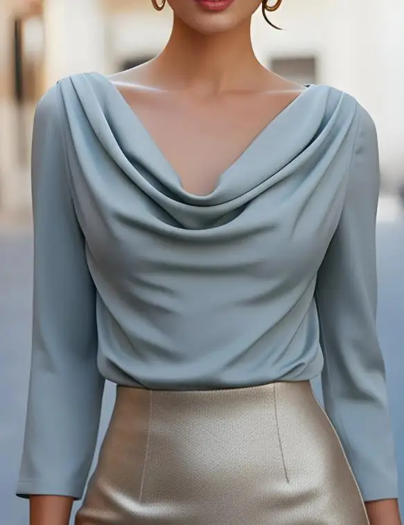 

Woman Blouse 2026 Spring Autumn Elegant Solid Color Cowl V-Neck Long Sleeve Pleated Casual Versatile Daily Pullover Shirt Top