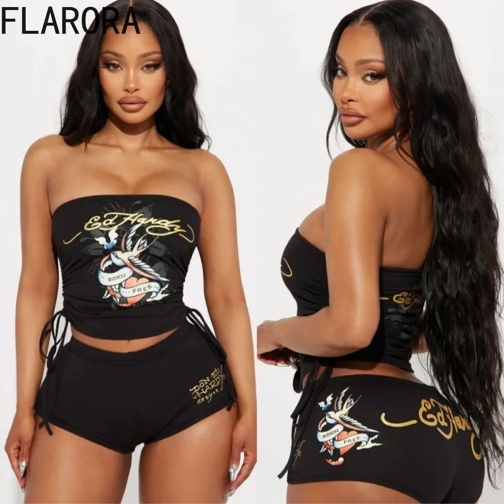 FLARORA Fashion Y2K Graffiti Print Women\'s Two Pieces Set Woman Strapless Backless Crop Tops And biker Shorts Outfits Streetwear