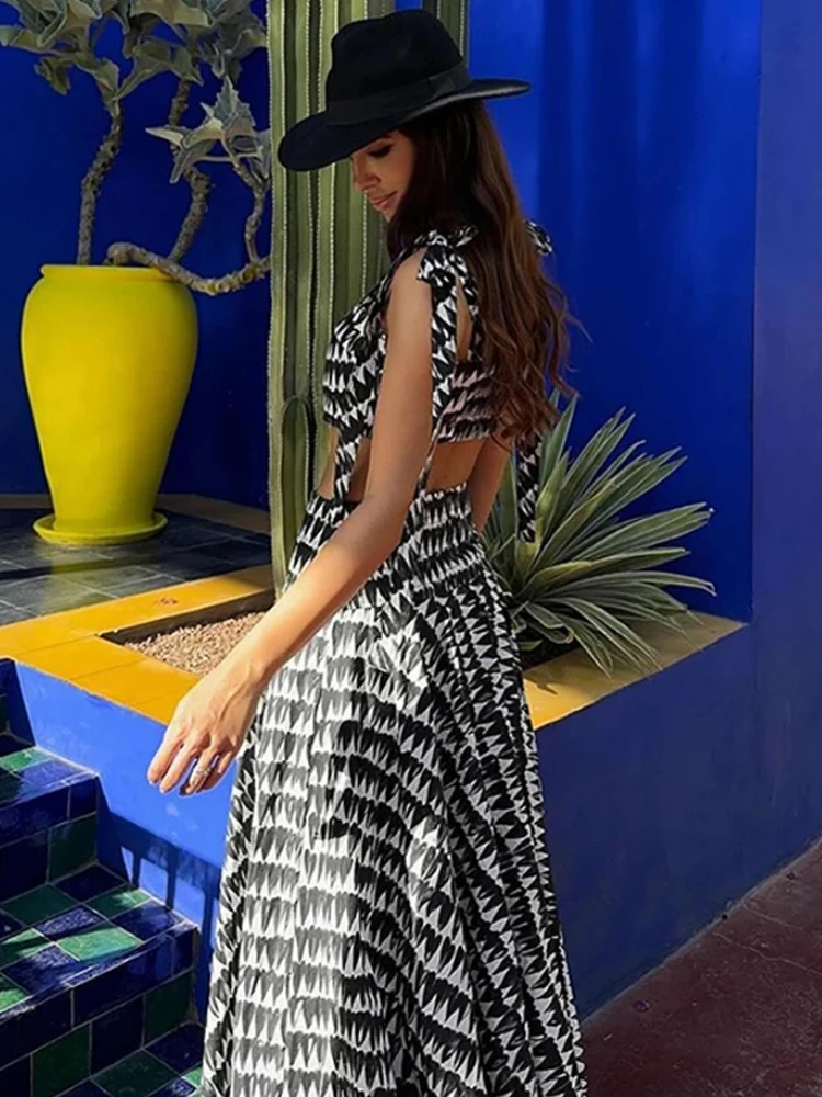 ZBZA Women's Printed Skirts Set Bow Tie Straps Straight Neck Backless Tops Low Waist Hidden Zip Skirt Summer New Female Chic Set