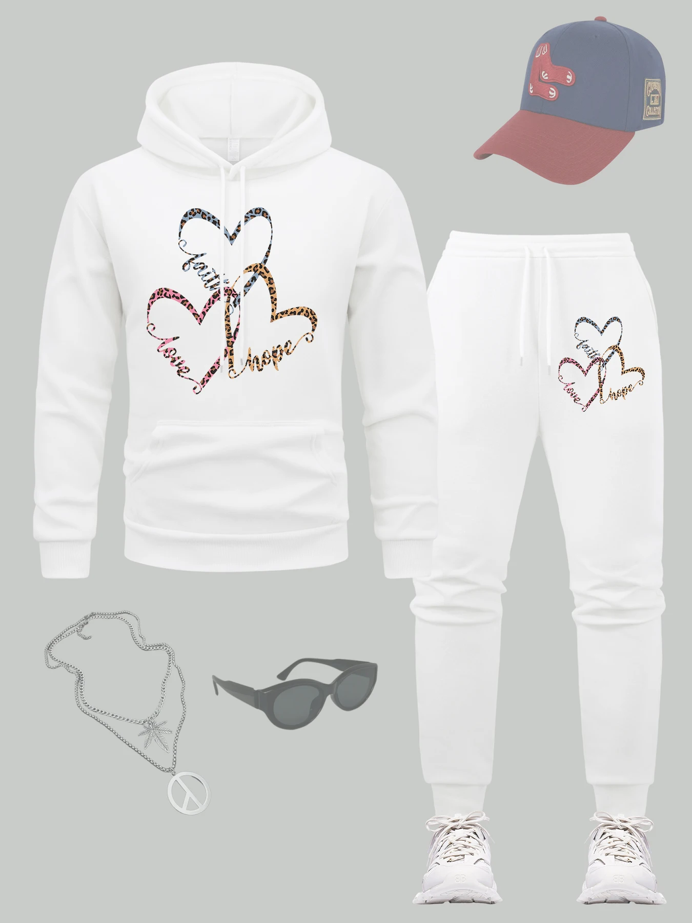 

Faith Hope Love Design Men Hoodie Set Loose Comfortable Hoody Autumn Fleece Sweatpants All-Match Drawstring Clothing Sets