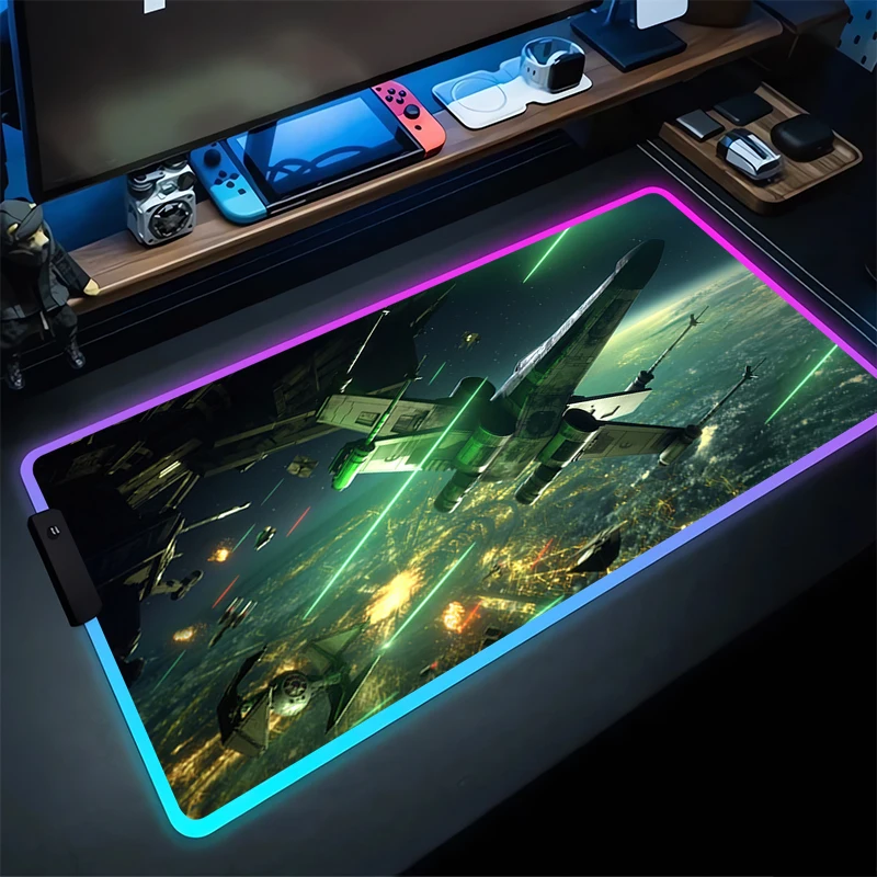 

Star Wars Spacecraft LED Mouse Pad Computer Green Gaming Mousepad RGB Laptop Anime Gamer Cabinet Desk Mat Extended Keyboard Rug