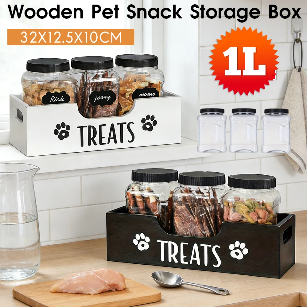 

Деревянный контейнер для лакомств для собак с 3 пластиковыми банками, большой емкости, герметичный, для хранения корма для кошек и собак, органайзер для зоотоваров