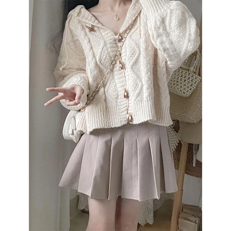 Women Autumn Simplicity Loose Preppy Style Solid Color Long Sleeve Hooded Knitwear Ladies All-match Sweet Knitting Cardigan Coat