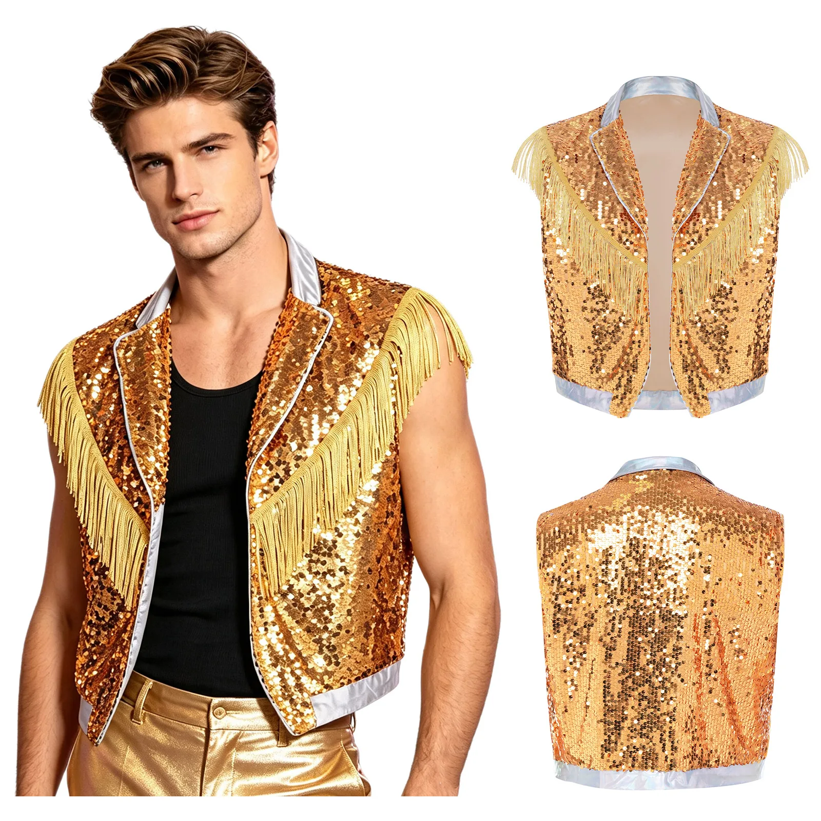 Mens Hip Hop Jazz Sequins Vest Sleeveless Tassel Open Front Metallic Shiny Tank Top Waistcoat for Nightclub Party Stage Show