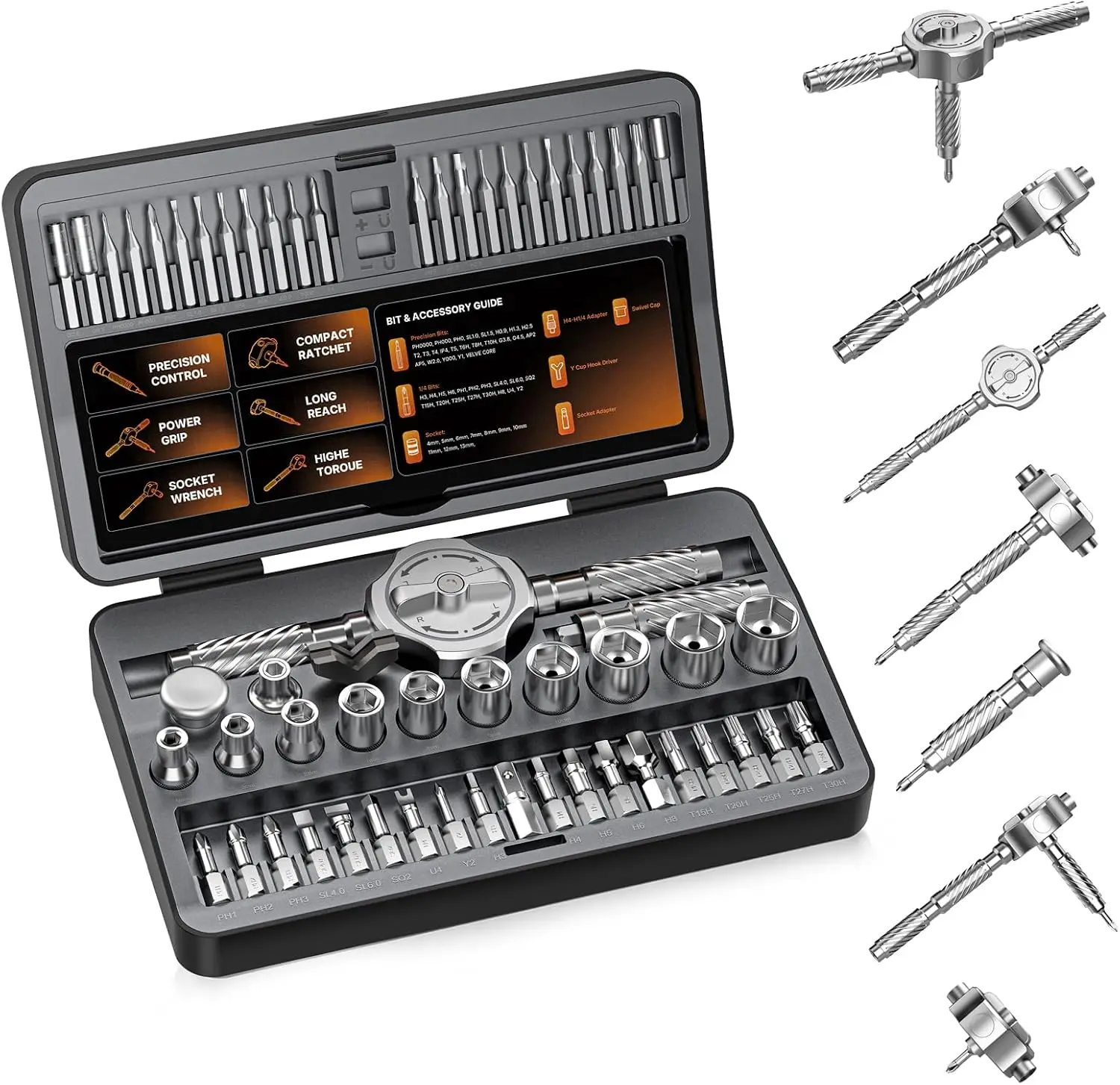 62 in 1 Magnetic Screwdriver Set, T Handle Ratchet Screwdriver Set with Case, Multi Bit & 10 Hex Sockets, Repair Tool Kit for Furniture, Bicycle, Electronics, Wactch, DIY & Gift for Men