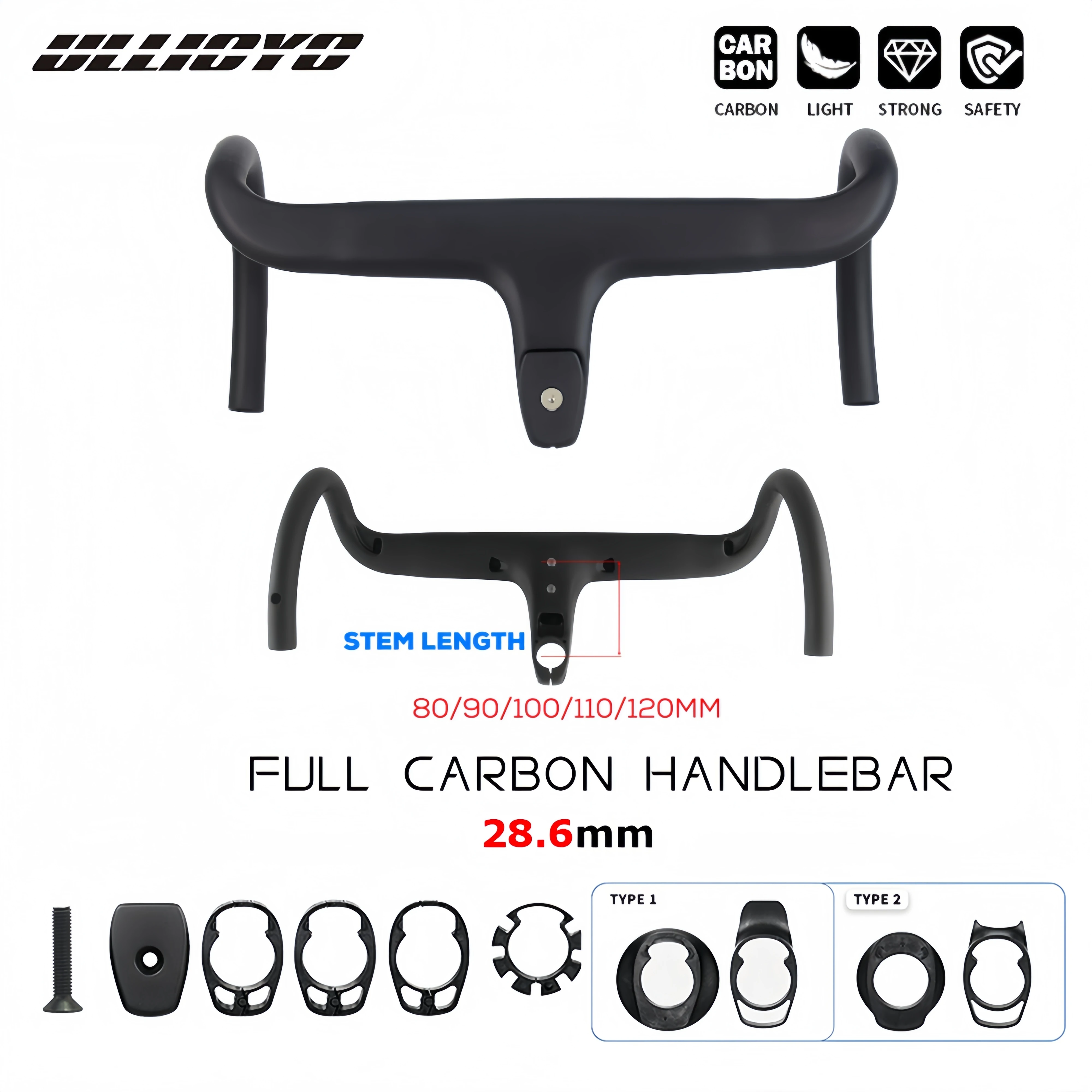 

No Logo Road Bike Full Carbon Fiber Internal Cable Integrated Bicycle Handlebar Cockpit With Spacers, Clip diameter 28.6mm,-10°