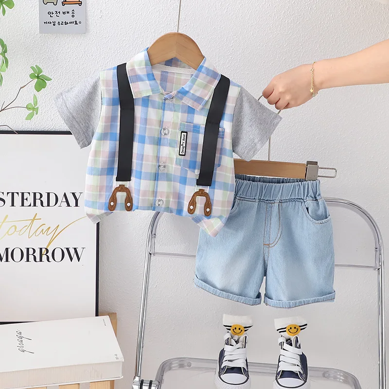 

2024 Boutique Baby Boy Summer Sets Clothes for Kids Boys 2 To 3 Years Fashion Plaid Short Sleeve Shirts Tops and Shorts Suits