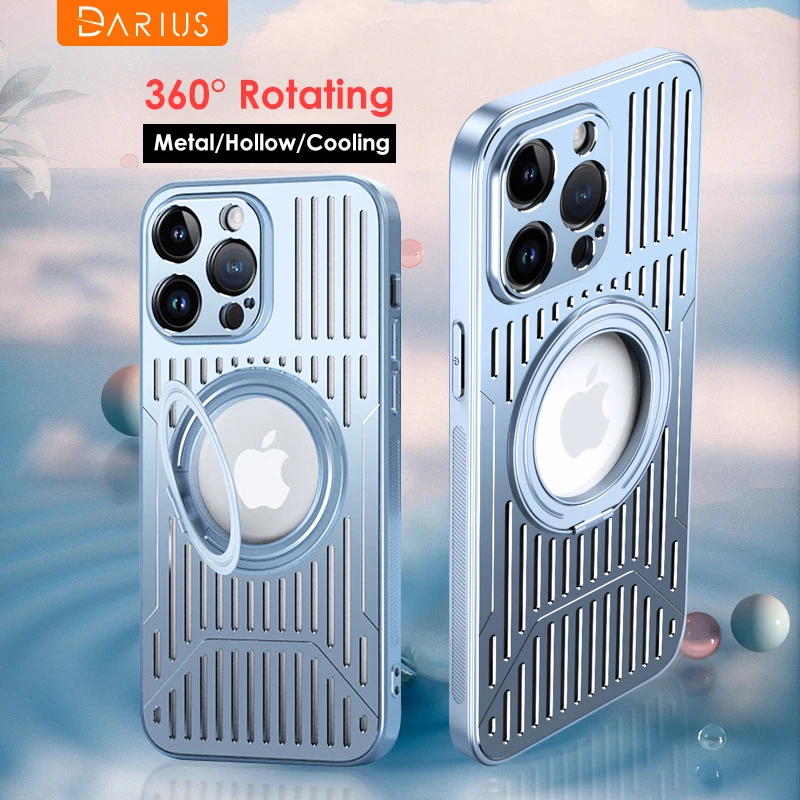

Luxury Cooling Hollow Metal Magnetic 360° Rotation Stand Phone Case For iPhone 14 13 12 15 Pro Max For Magsafe Wireless Charging