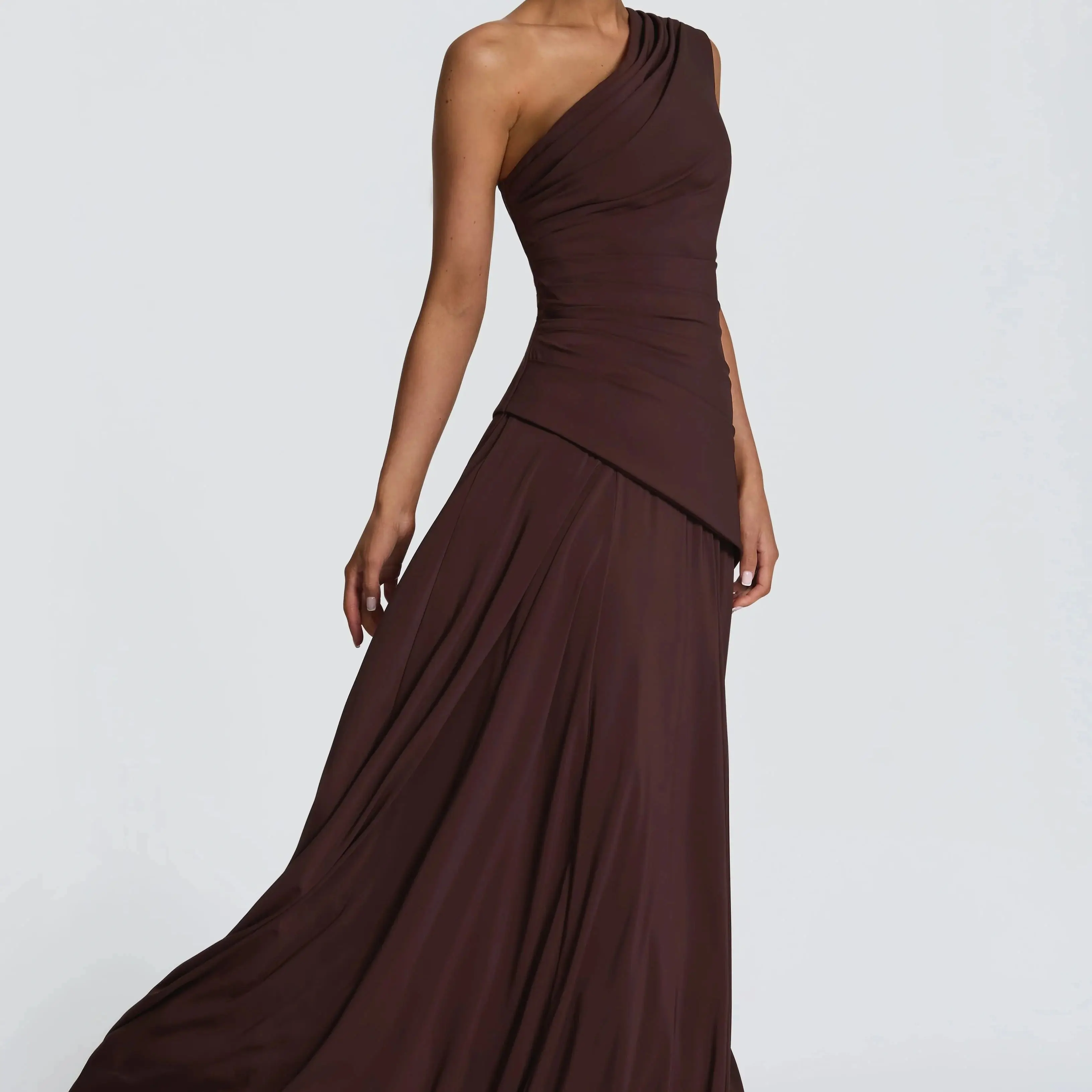 

Elegant Dark Brown One Shoulder Evening Lace-up Back Long Gown Formal Dress For Banquet Party Women's Formal Evening Gowns