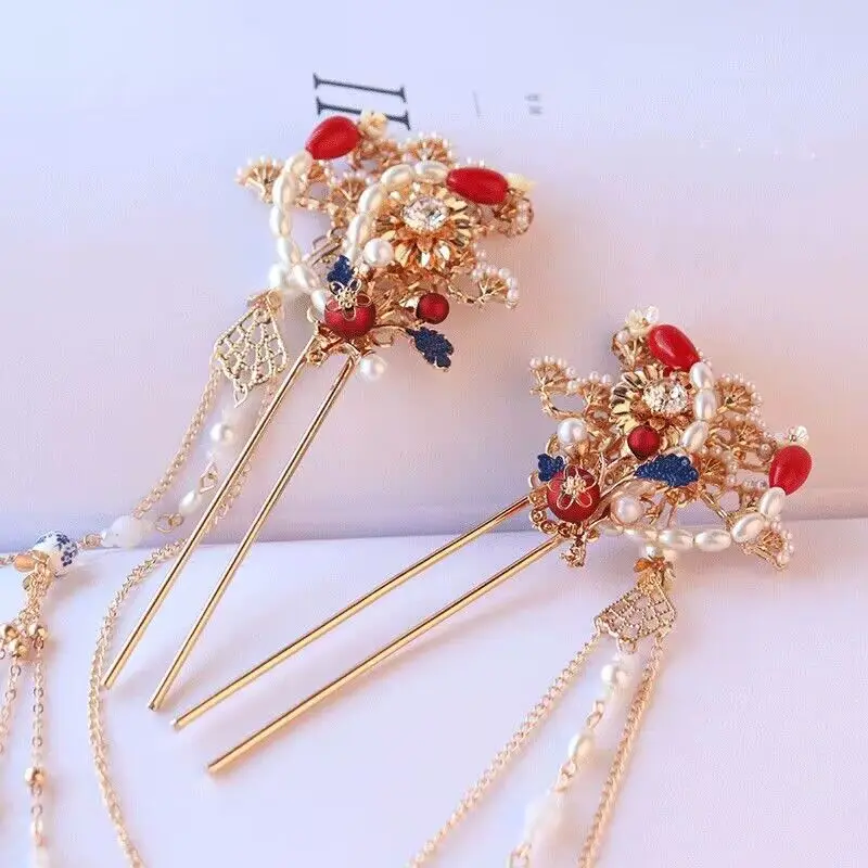 Hanfu Hairpins Women Headdress Chinese Traditional Tiaras Tassels Hair Sticks Alloy Heawear Cosplay Vintage Bridal Tiara Sets