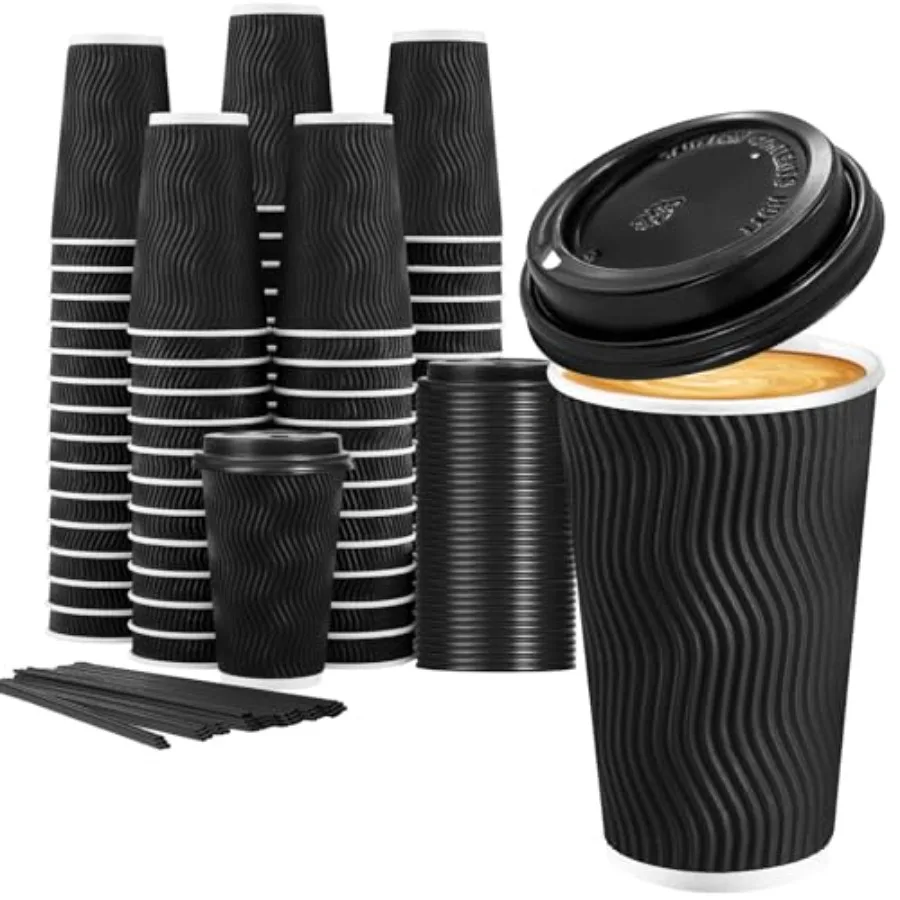 

16 oz Disposable Coffee Cups with Lids, 50 Pack Insulated Hot Cups To Go Paper Coffee Cups with Lids and Straws, Corrugated Rip