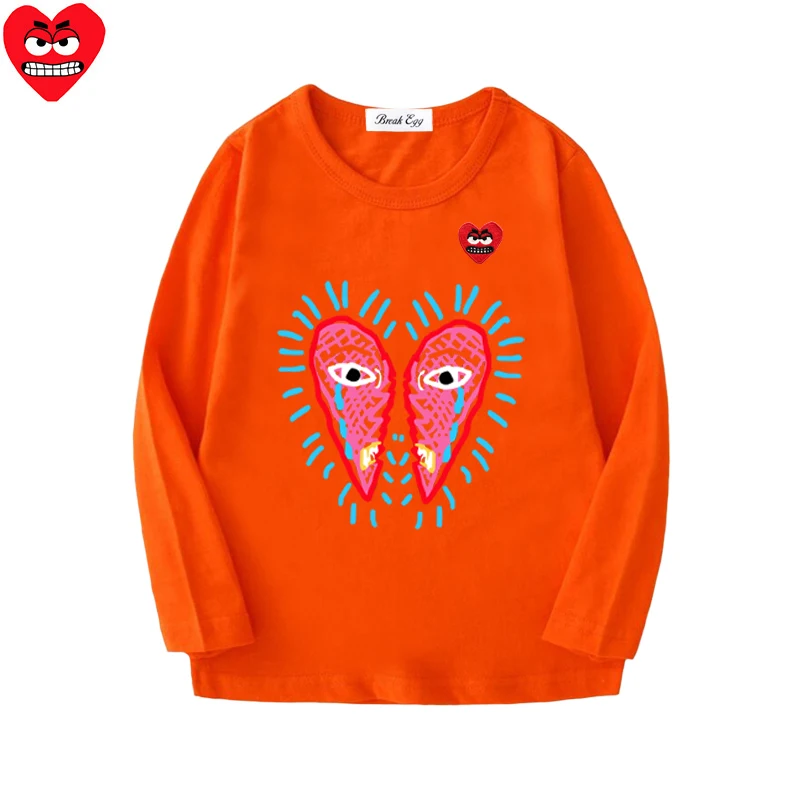 Broken Heart Printing Boy Girl T-shirt Cotton Cartoon Red Snag Heart Embroidery O-neck Long Sleeved Straight Summer T-shirt