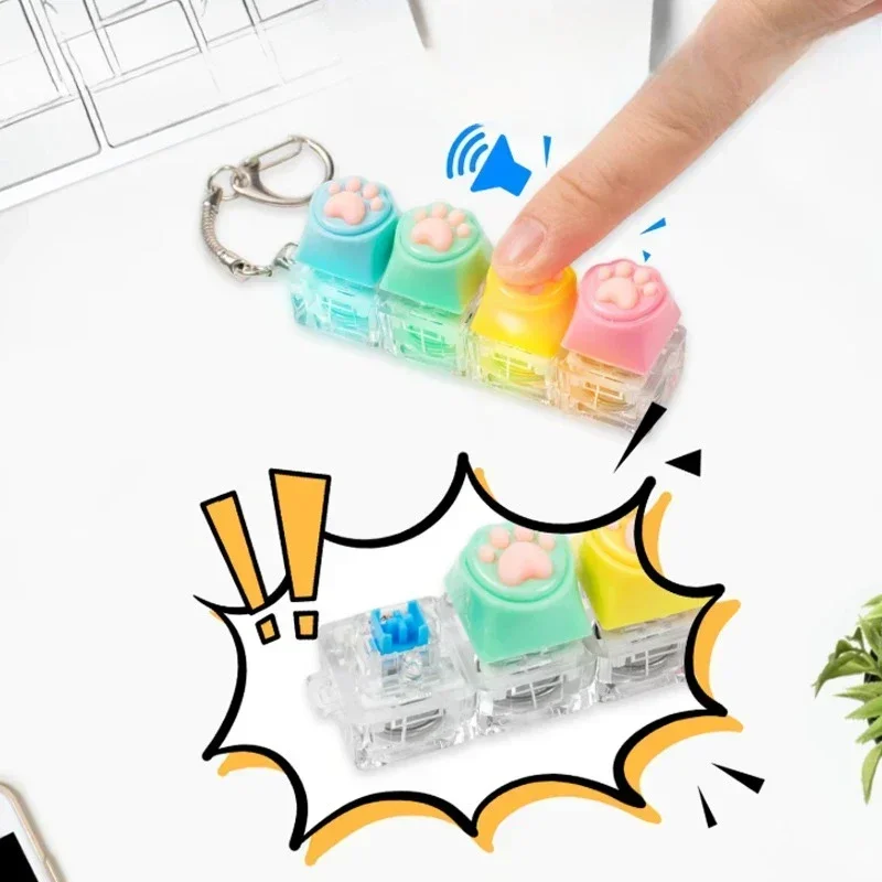 Cat Paw Glow Keychain Fidget Toy Light-Up Silicone Keyboard Button Stress Reliever Portable Clicker Keyring for Anxiety Desk