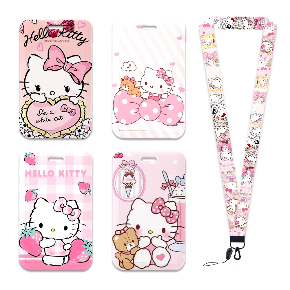 W Sanrio держатель Id карты Hello Kitty мультфильм шнурок скользящая дизайнерская карта искусственная модная детская Обложка для карт