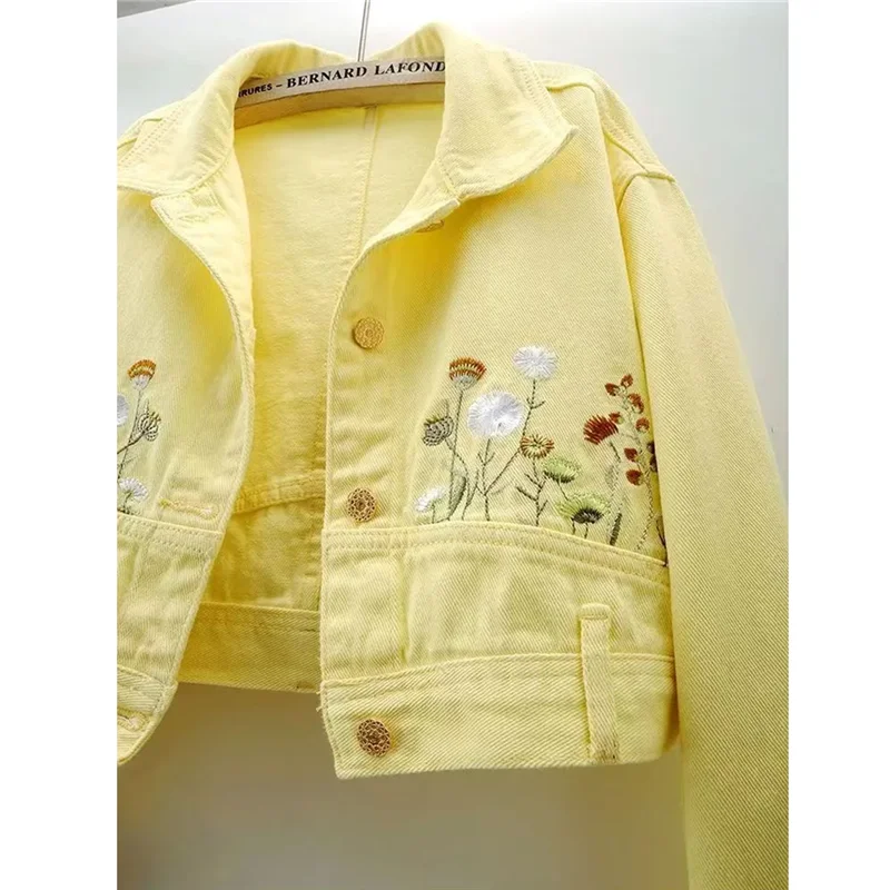 2024Spring Autumn New High Fashion Embroidered Loose Yellow Flowers Long Sleeve Denim Jacket Women Short Jacket Outerwear Female