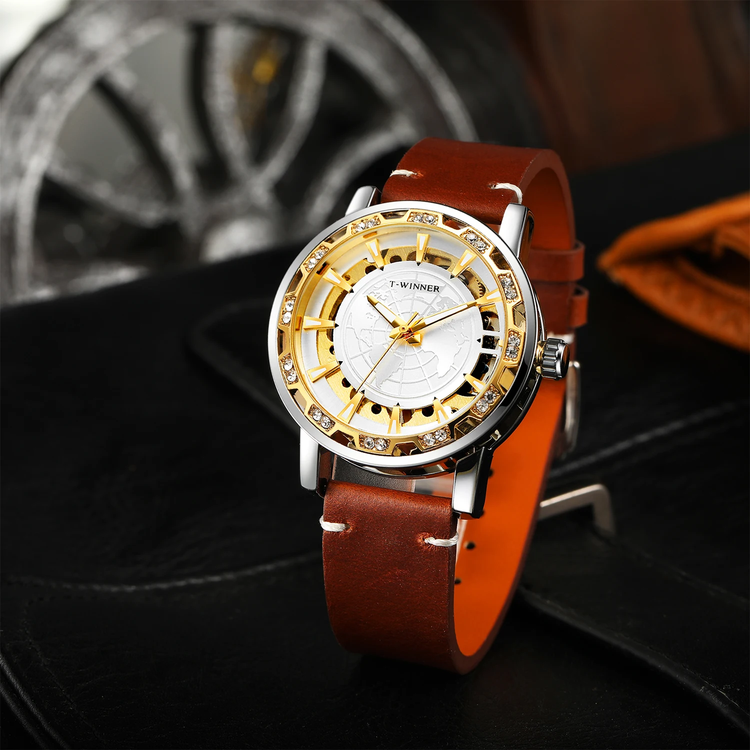 T-WINNER Classic Men's Manual Winding Mechanical Watch with Luminous Hands Luxury Gold-Tone Skeleton Case Retro Leather Strap
