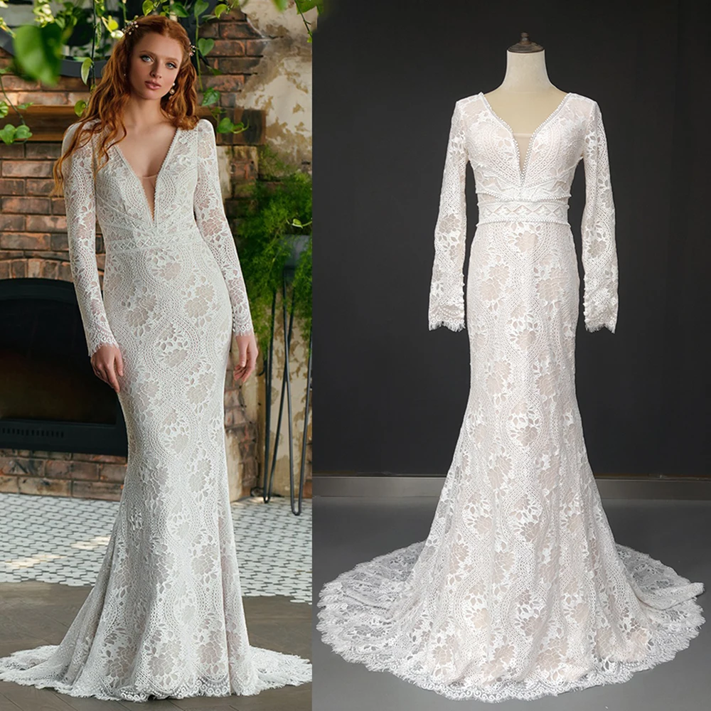Hippie Beach Lace Customized Mermaid Wedding Dress Plunge V Neck Long Sleeves Fitted Buttons Elegant Backless Bridal Gown