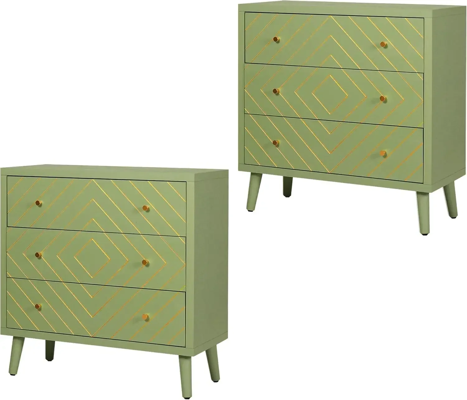 3 Drawer Dresser Set of 2 for Bedroom,Modern Chest of Drawers, Wood Large Nightstand, Hand-Painted Gold Trim Side Table