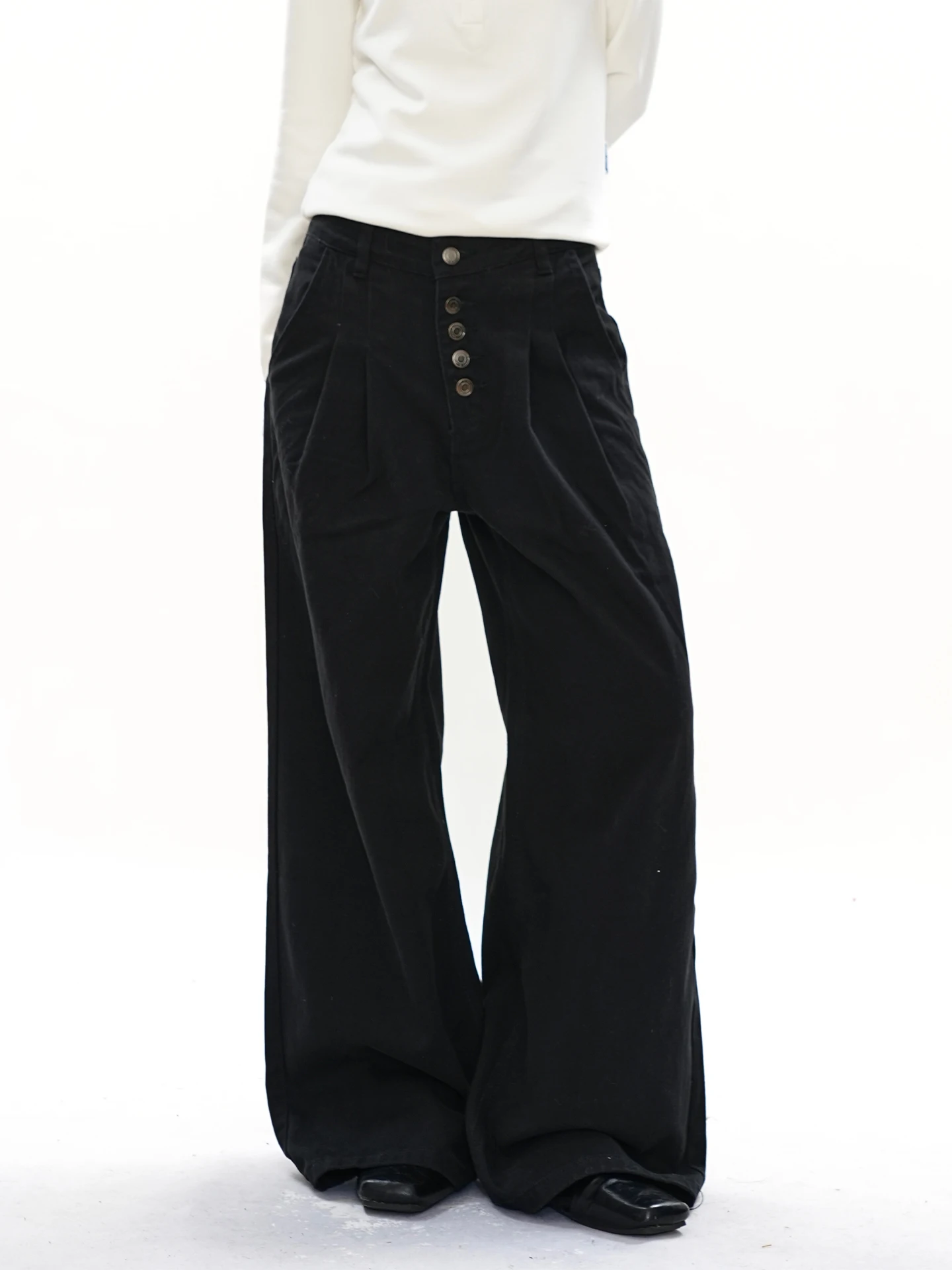 

S3T5 Double Pleat Button Waed Wide Leg Jeans Casual American Design Men's Cleanfit Versatile Pants Loose Fit Cotton Denim