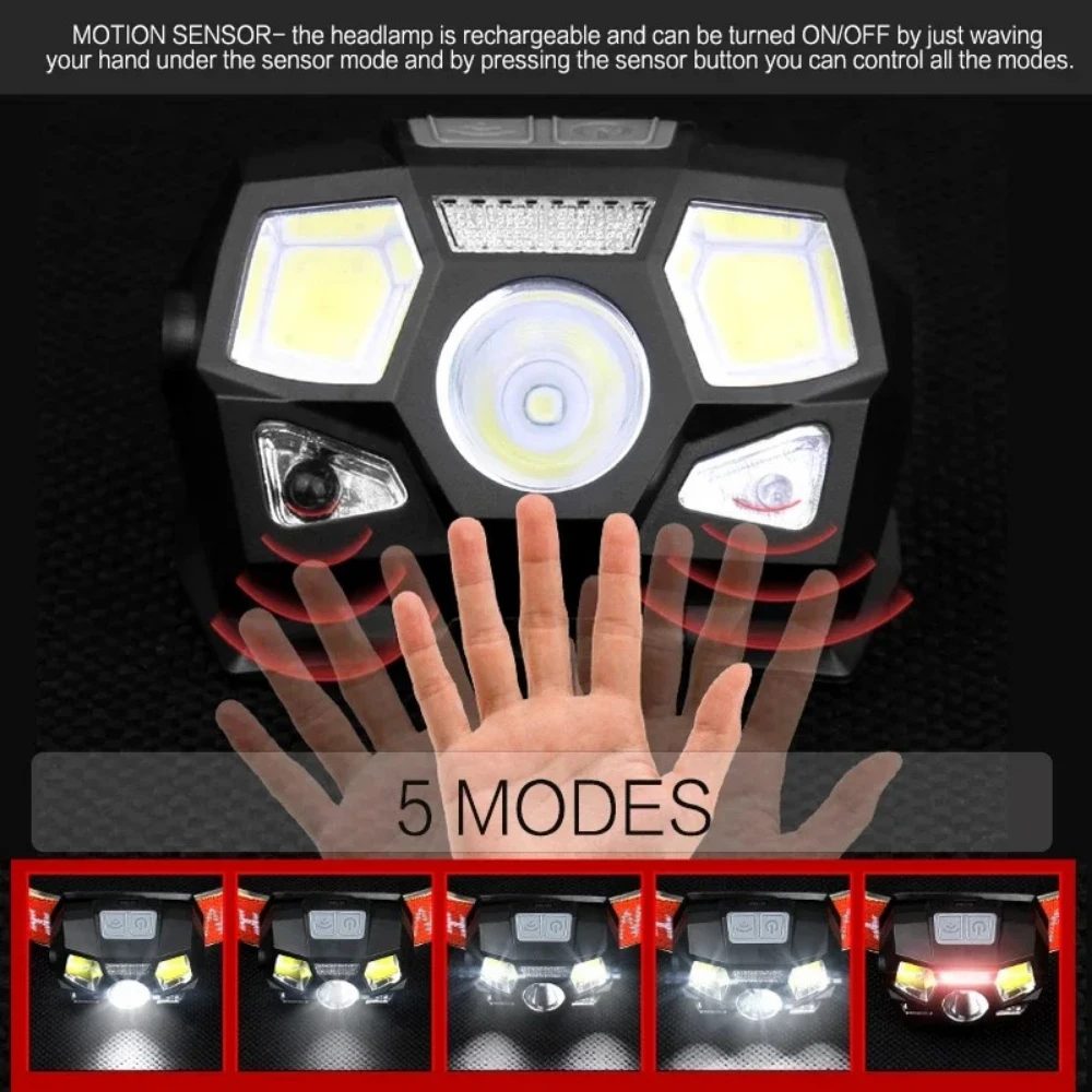 Smart Motion Sensor COB+LED Headlamp Portable Lightweight Induction Headlight USB Rechargeable Head Lamp Waterproof Head Torch