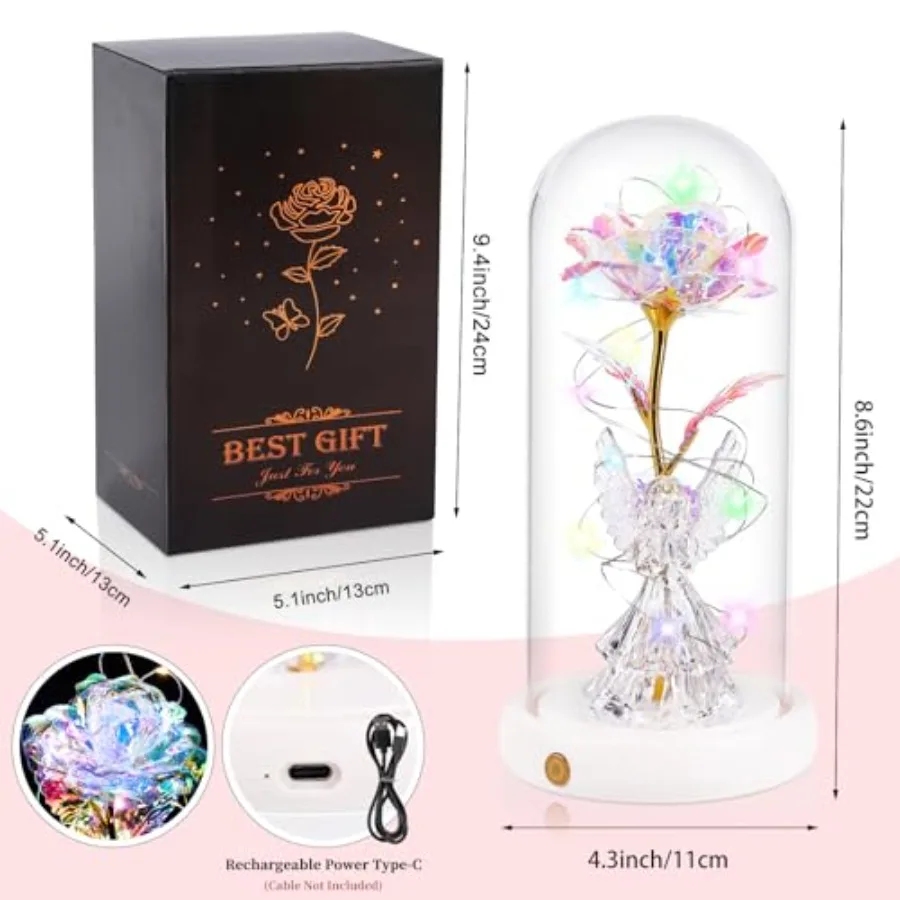 Mothers Day Birthday Gift for Mom from Daughter Son Angel Rose USB Rechargeable Light Up Flowers in Glass Dome, Mother's Angel