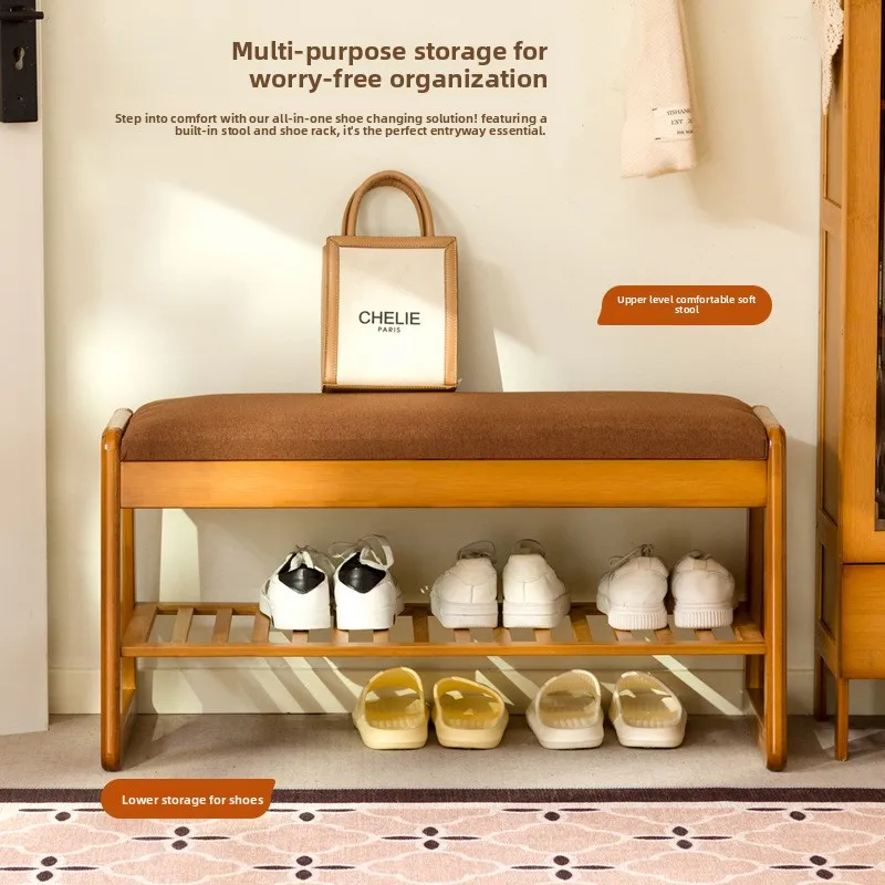 

Natural bamboo and wood soft bag shoe changing stool, home storage shoe wearing stool, multi-layer storage shoe cabinet