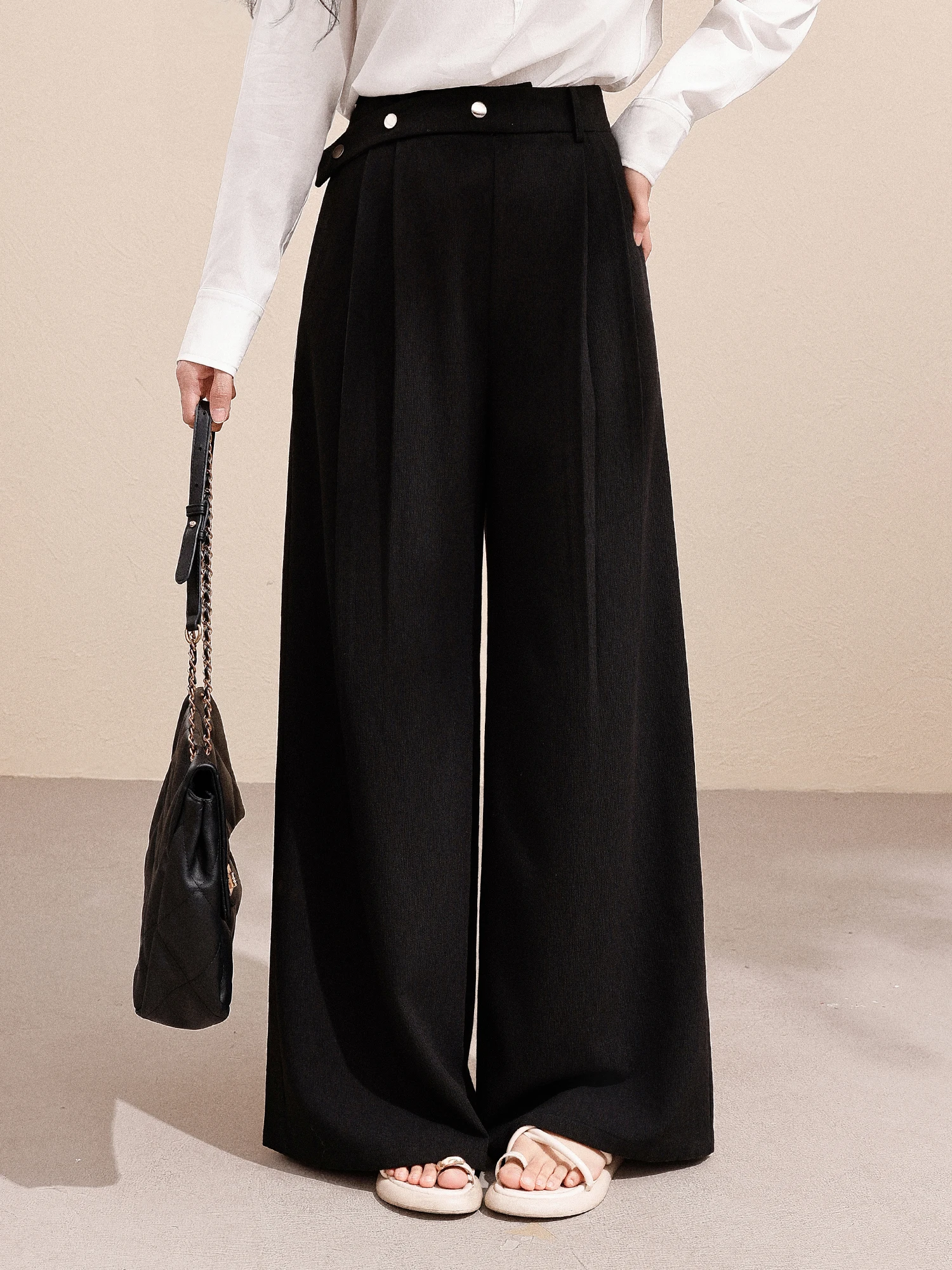 

Брюки с высокой талией, широкими штанинами и складками для женщин больших размеров, весенние, черные, универсальные, свободного кроя, прямые брюки