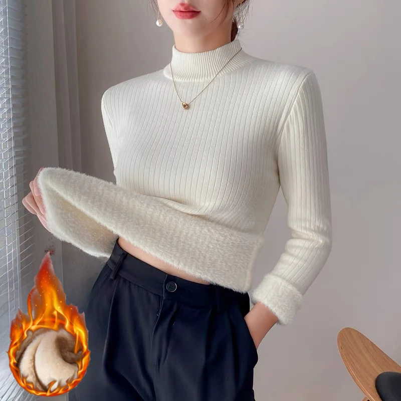 2025 Autunno Inverno maglione a collo alto donna elegante addensare foderato in velluto caldo suéter lavorato a maglia pullover caldo versatile top in maglia