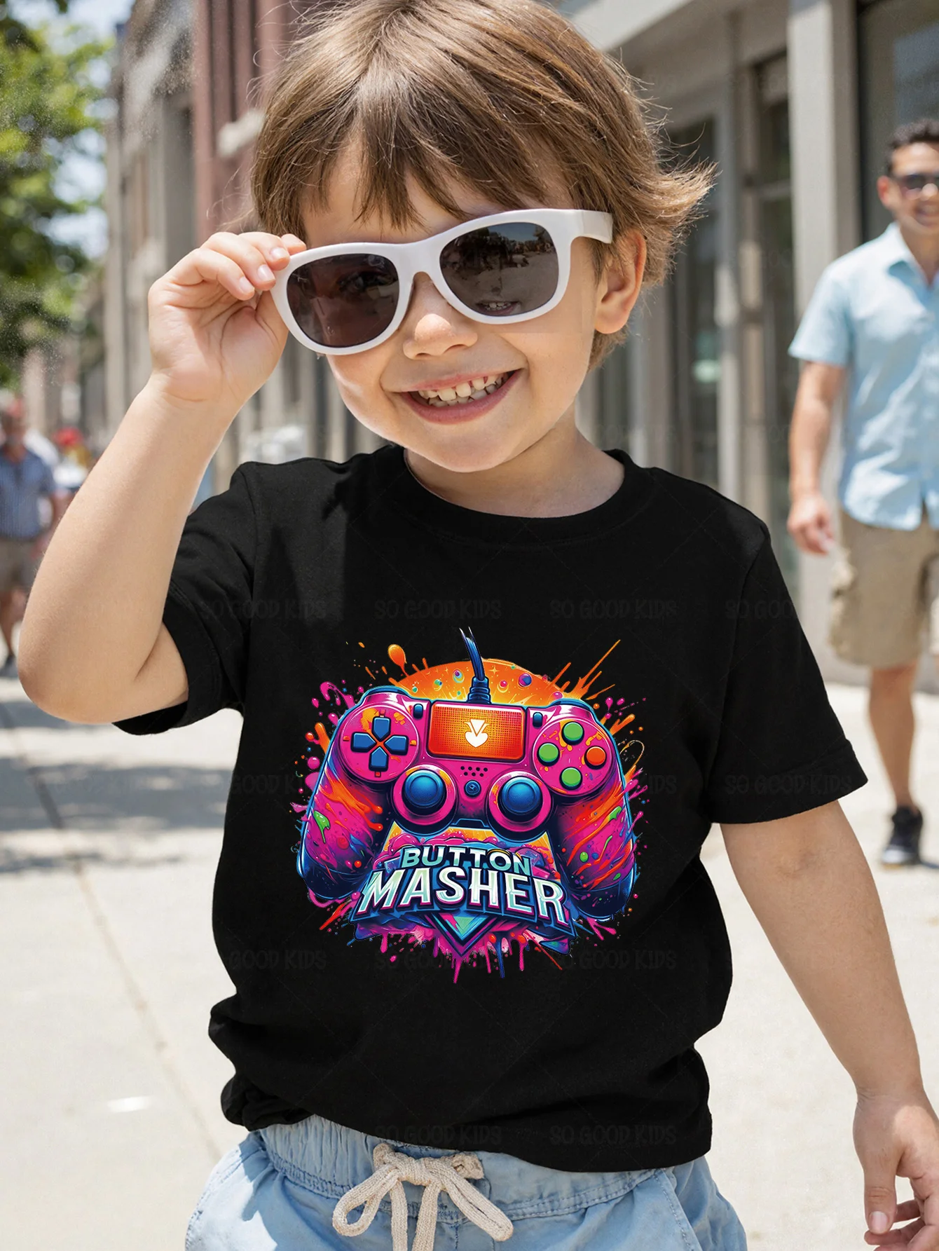 Button Masher Color Splash Game Controller Graffiti Graphic Kids T Shirt Boys Girls Family Matching Summer Crew Neck Casual Tee
