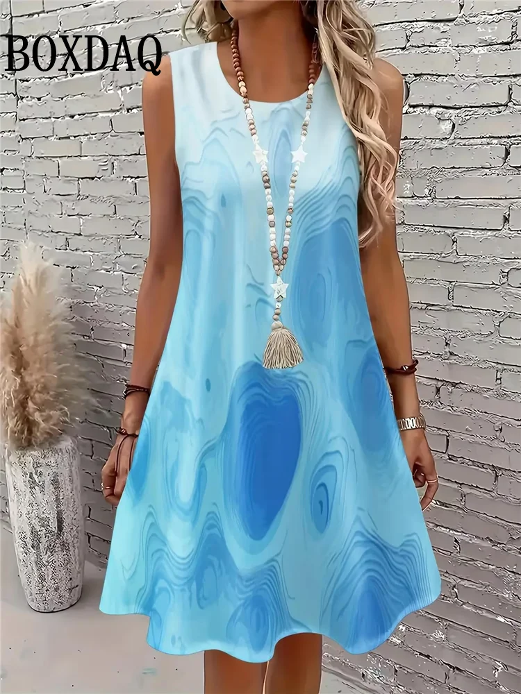 New 2026 Summer Dresses Women's Abstract Tie Dye 3D Print Dress Fashion Casual Sleeveless Beach Loose Short Dress Sundress Vest