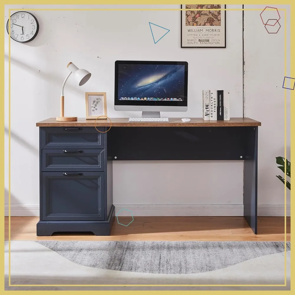 

60" Farmhouse Desk with Charging Station, 2 Drawers & File Cabinet, Blue Office Home Computer Desk