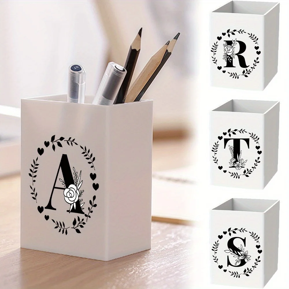 Acrylic Pencil Pen Holder Desk Holder Make Up Organizer Box Makeup Desktop Storage Case Initial Name Garland 26 Letters Pattern