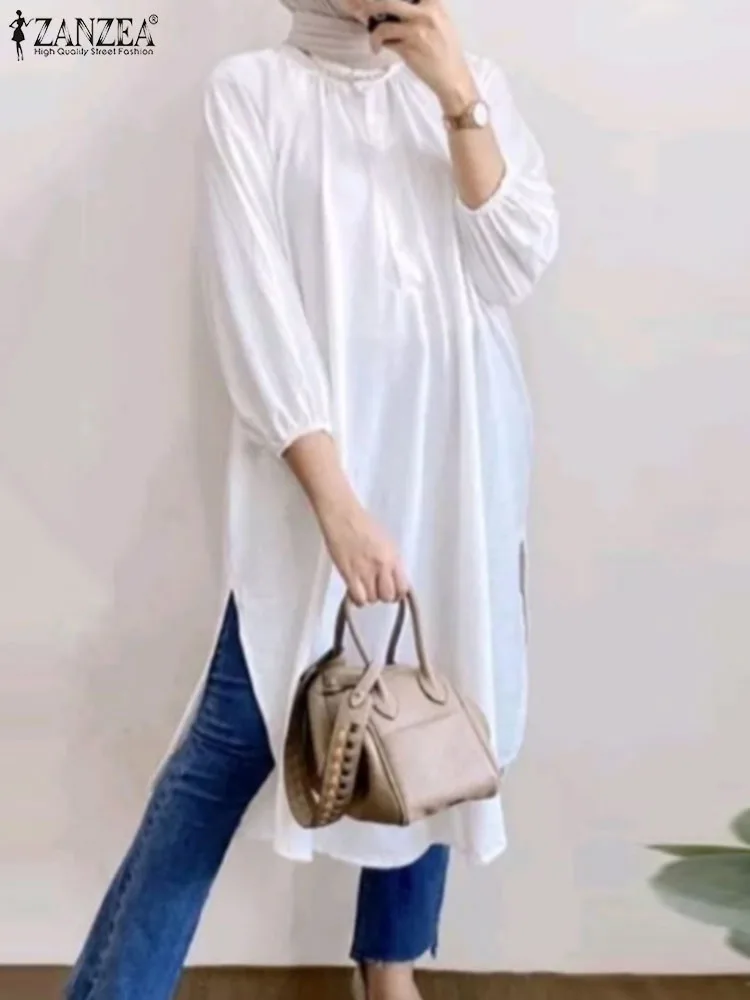 Elegant Women 3/4 Sleeve Split Hem Long Shirt ZANZEA Autumn Abaya Hijab Tops Tunic Fashion Islamic Clothing Solid Muslim Blouse