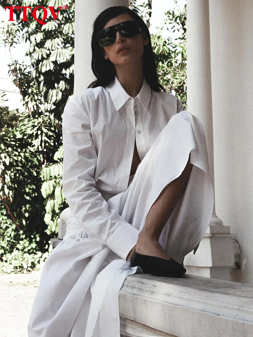 

TTQV Fashion Loose White Cotton Women's Dress 2025 Casual Lapel Long Sleeve Ankle Length Dresses Elegant Classic Female Dress