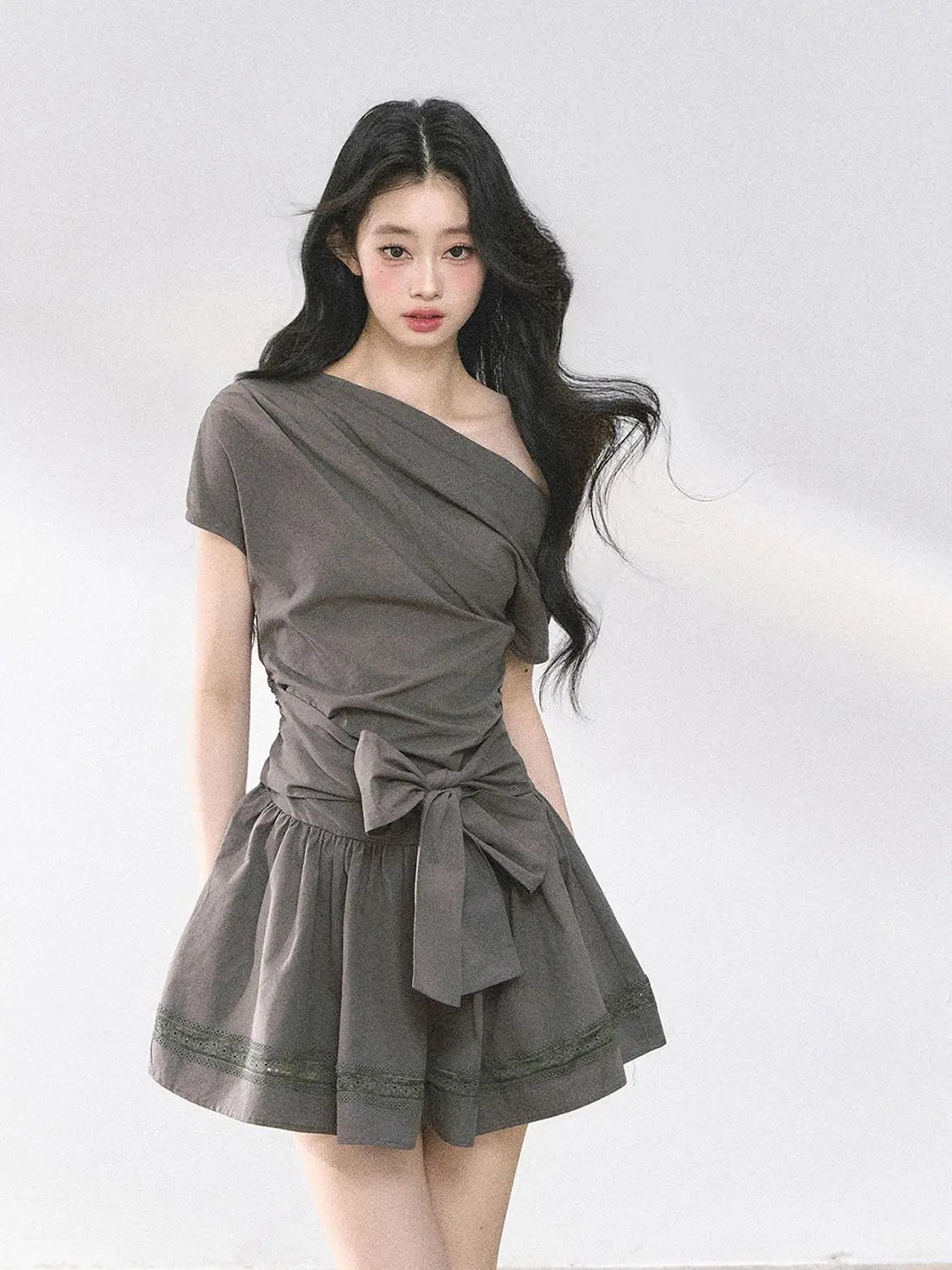 

Summer French Waist Dress Women's Summer New Slanted Shoulder Lace-up Skirt