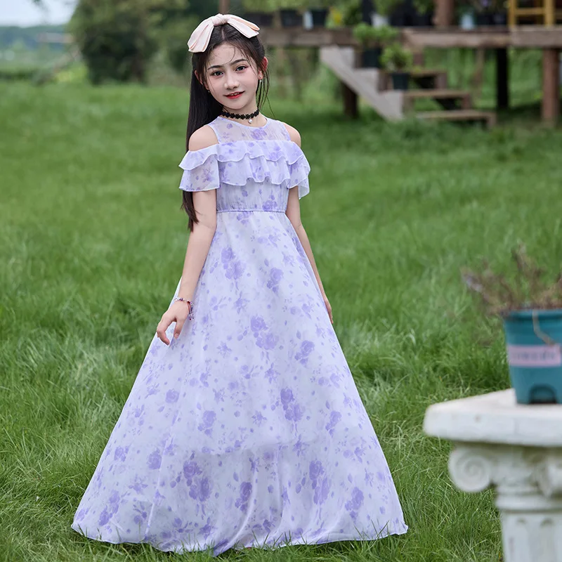 

2026 chiffon thin Summer Teenager Girl Princess Kids long Dresses Floral Vestidos Clothes mesh costume 4 5 6 8 9 10 12 14 Year