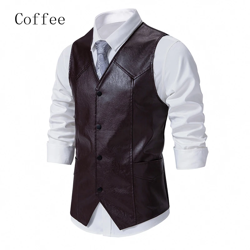 Leather Vest Mens Casual High Quality Solid Color Slim Large Size Business Waistcoat Men Dress Suit Vests