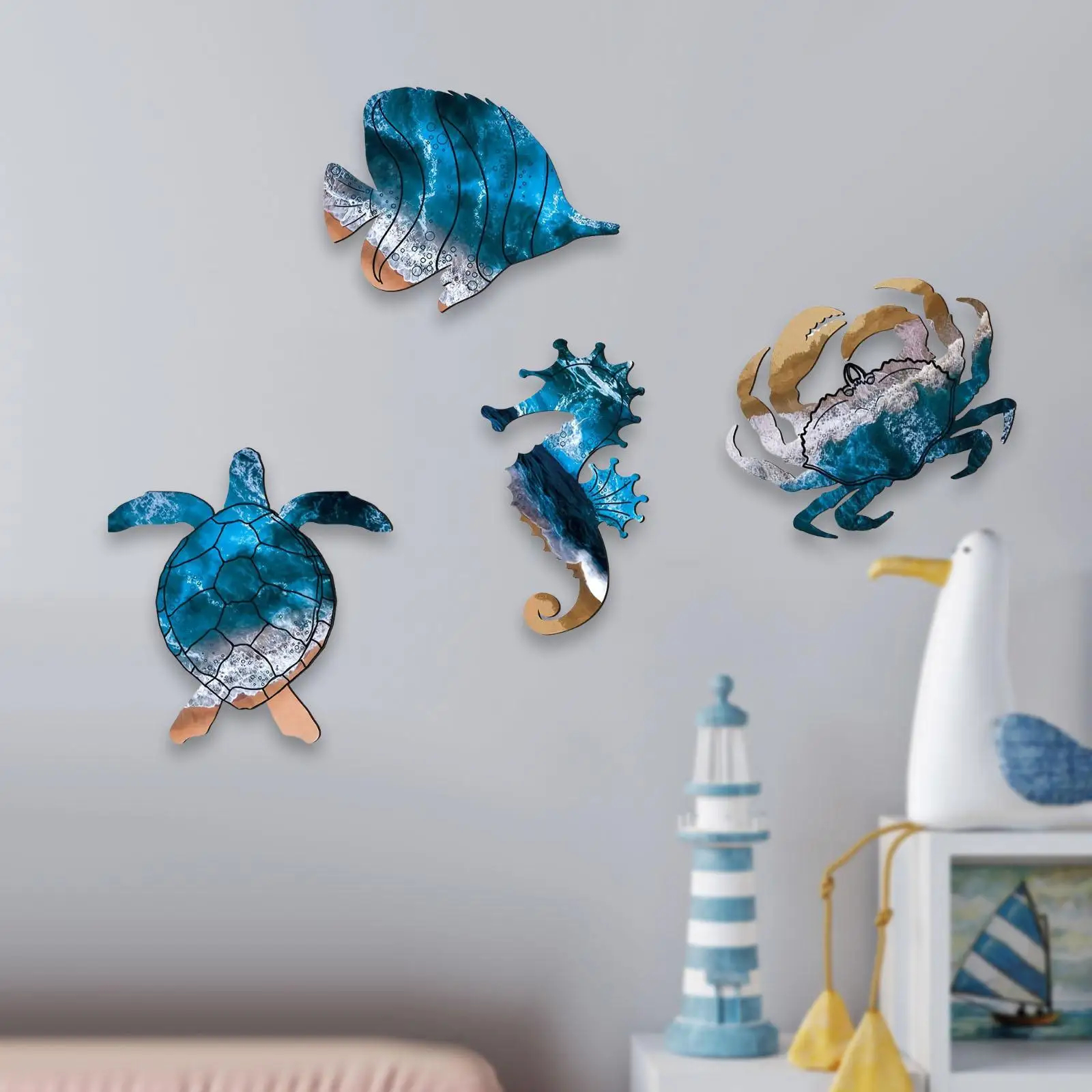 4 Uds. De tortuga marina, caballito de mar, cangrejos, peces, decoración de pared, decoración temática de playa para habitación, Hotel, sala de estar, dormitorio, océano, baño, hogar