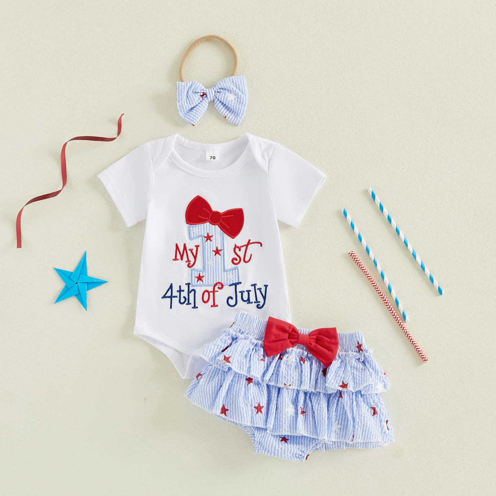 Baby Girls 4th of July Outfits Letter Embroidery Short Sleeves Romper and Star Stripe Ruffles Shorts Cute Headband Independence
