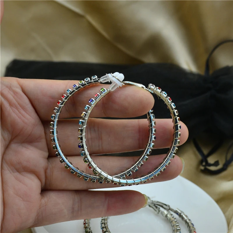 Ladies Earrings Big Circle Color Rhinestone Round Clip On Ear Without Piercing Fashion Jewelry Street Hoop Earrings for Women