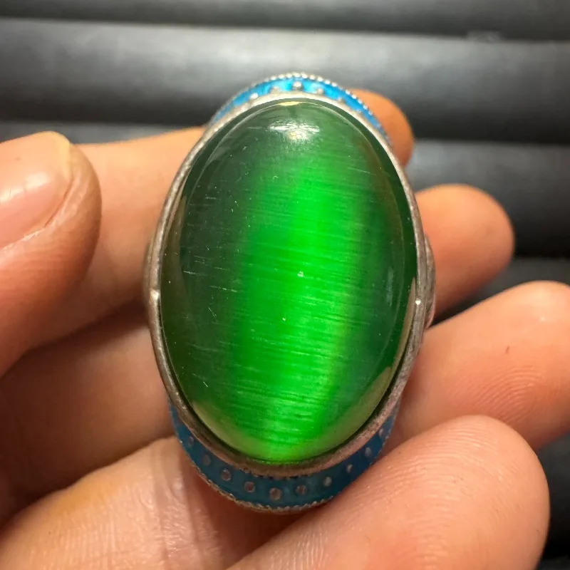 Luxury Big Cabochon Ring, Green Cat's Eye Gemstone Domineering Boss Statement Finger Ring