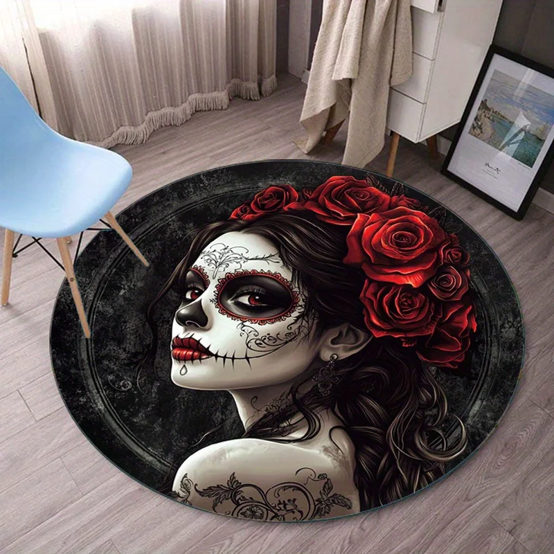 Day of the Dead Sugar Skull Woman Round Crystal Velvet Rug Mexican Art Decorative Floor Mat for Living Room or Bedroom