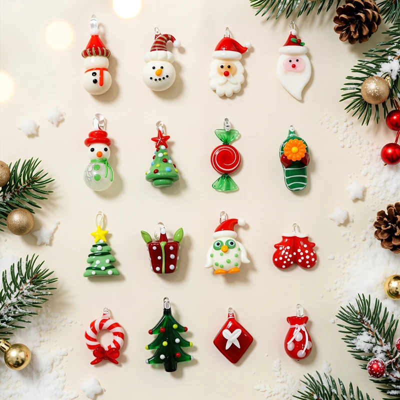 2pcs Cute Mini Christmas Charm Glass Pendant Diy Tree Santa Claus Snowman Wreath Candy Penguin Bird Owl Slipper Gloves Ornaments