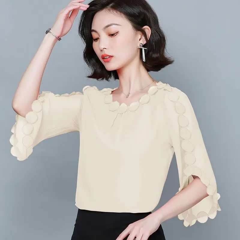 Summer Women Clothes Casual Fashion Elegant Temperament O-neck Loose Chiffon Women's Shirt Casual Solid Color All-match Tops
