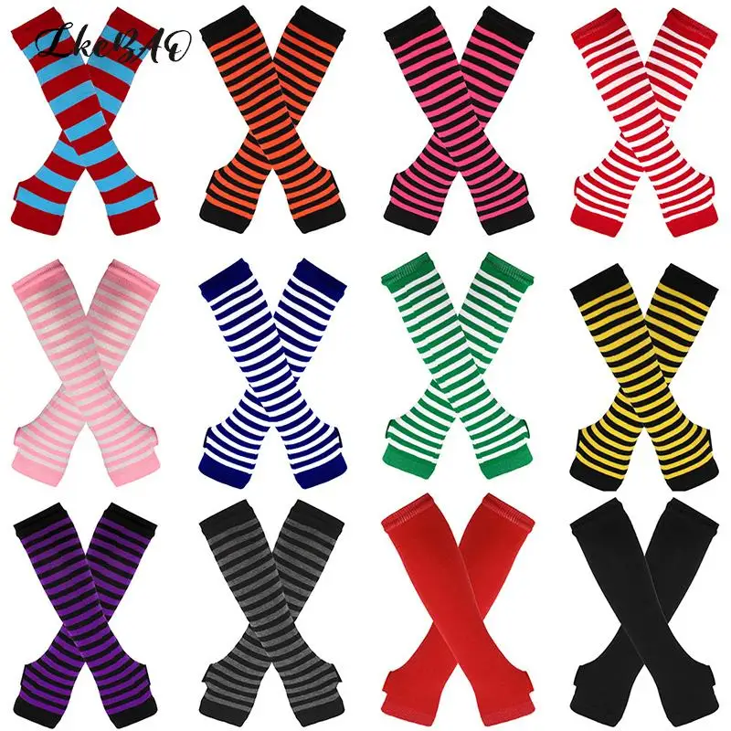 

1pair New Pink Black And White Striped Fingerless Elbow Gloves Classic Warmer Knitted Wristband Long Glove Arm Cover