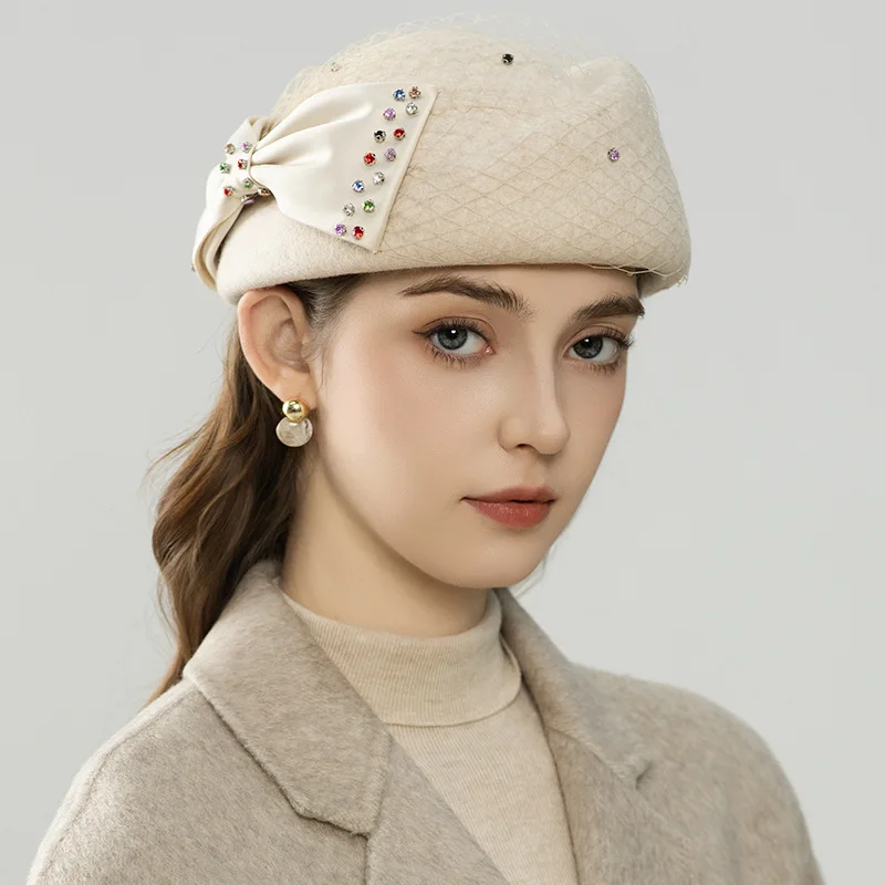 Women Bow Rhinestones With Veil Wool Hat Cashmere Stewardess Cap for Winte Celebrity Style Party Wedding Fascinator Hat Women